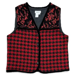 Coldwater Creek Red & Black Jacquard Floral Houndstooth Vest Velvet Trim Large thumbnail 1