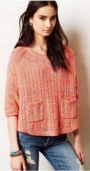 Moth Anthropologie Neon Orange Marled Knit Sweater Pockets XL‎ Raglan Boho Boxy thumbnail 1