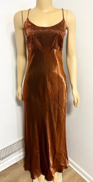 Chelsea Nites Copper Bronze Metallic Maxi Dress Spaghetti Strap Vintage 90s 12 thumbnail 1