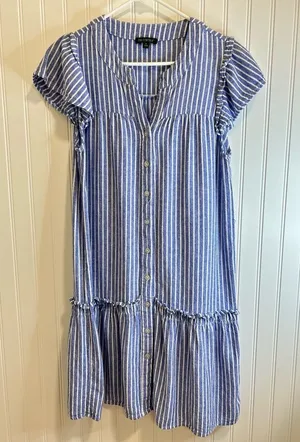 For Cynthia Striped Blue Midi Dress size S.55% LINEN 45% VISCOSE thumbnail 1