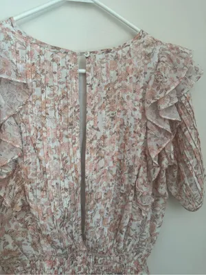 LoveShackFancy Natasha Mini Dress Size Medium Vanilla Foam Pink Floral Ruffle thumbnail 7