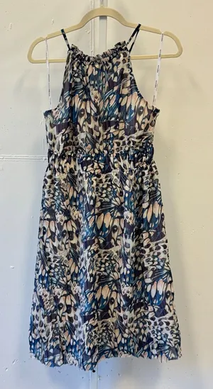 Anne Klein Butterfly Print Halter Midi Dress Blue Size 4 Ruffle‎ Neck Tie Back thumbnail 1