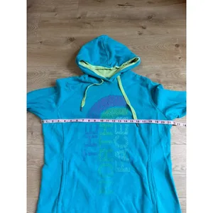 Womens The North Face pullover hoodie blue green logo outdoors hiking size L thumbnail 8