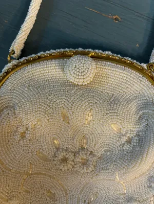 Vintage 1950’s Beaded Ivory Evening Bag with Gold Accents - Made in Japan thumbnail 10