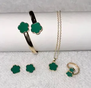 4pc green Clover Jewelry Set - Green Enamel Necklace, Bracelet, Ring & Earrings thumbnail 1