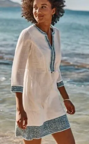 J Jill Gauzy Lined Ivory Dress XL Boho Drawstring Waist Blue Trim Pockets thumbnail 1