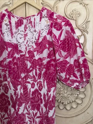 Farm Rio Tropical Woodcut Dress Pink Floral Appliqué Lace Resort Wear Smocked L thumbnail 7