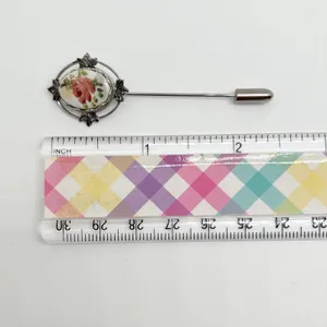 Vintage 1960s Silver Tone Floral Hand Painted Ceramic Plate Stick Pin Brooch thumbnail 5