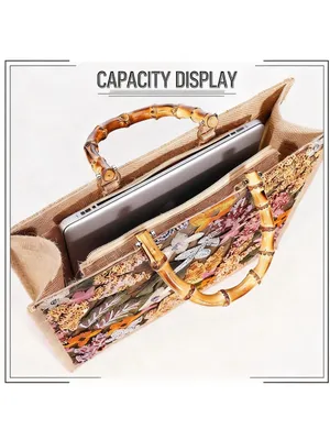 Embroidered Floral Tote Bag with Bamboo Handles - Beige thumbnail 7