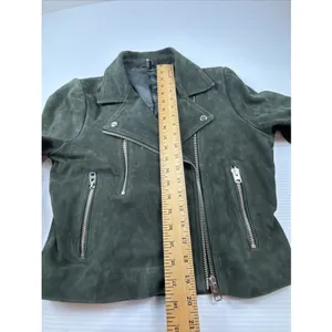 Topshop Suede Leather Moto Jacket Dark Green Women's Size 8 thumbnail 5