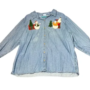Vintage Christmas Denim Button Up Shirt Womens 2X Blue Holiday Embroidered Snow thumbnail 2