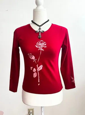 Vintage Y2K Red Glittery Floral Top‎ 2000s Glam Coquette Romantic Small thumbnail 1