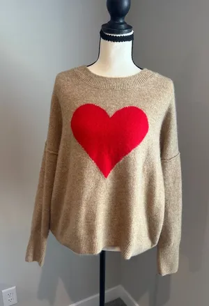 CeCe Beige Sweater with Red Heart Crewneck thumbnail 1