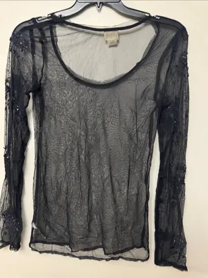 Free People Black Sheer Long Sleeve Mesh Top thumbnail 3
