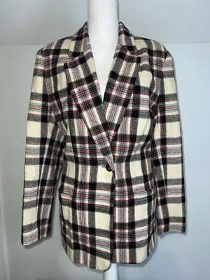 Women’s Cream Plaid Wool Blazer Single Button XL Red thumbnail 1
