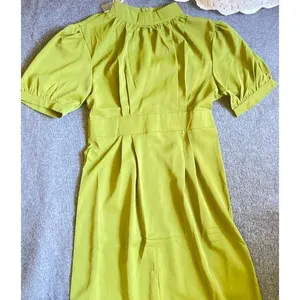 Mock Neck Midi Dress Womens Olive Green New Pleated Puff‎ Sleeve Slit thumbnail 4