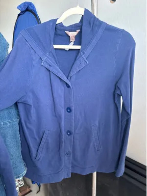 Blue Button Up Hoodie Cardigan Jacket Lightweight Cotton Sweater White Stag M thumbnail 1