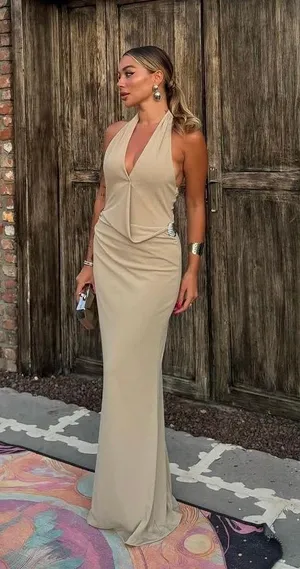 Zara dress maxi bodycon fitted halter plunge neck open back evening wedding thumbnail 9
