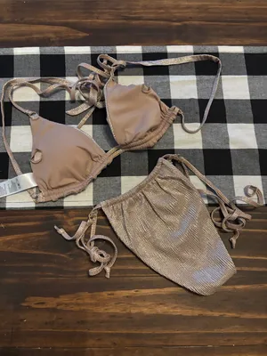Good American Gold Crinkle Tanga Bikini Size 1 small Swim Bikini thumbnail 4