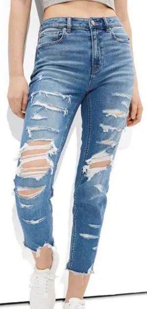 NWT American Eagle Stretch High Rise Ripped Mom Jeans Indigo Shatter 6 Short thumbnail 1
