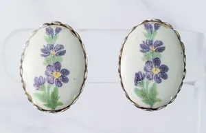 Vintage Screw On Earrings 1" Cream Oval with Purple Flowers thumbnail 1