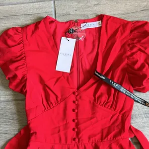 Club L red v neck puff sleeved buttoned mini dress thumbnail 4