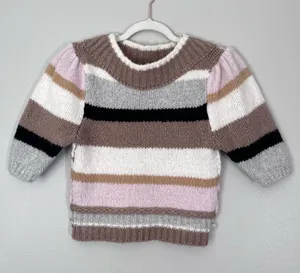 Free People Foxy Stripe Wool Blend Cropped Puff Sleeve Sweater Cream Brown XS thumbnail 2