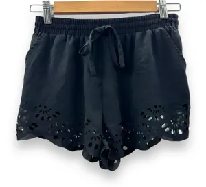 Brandy Melville Black Floral Laser Cut‎ Eyelet High Rise Drawstring Shorts OS thumbnail 1