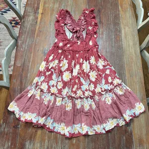 Free People Bali Wild Daisy Mini Dress Ruffle Straps Slip Renaissance Red Small thumbnail 1