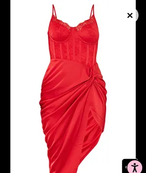 Pretty Little Thing Red Strappy Satin Gathered Midi Dress in Red thumbnail 3