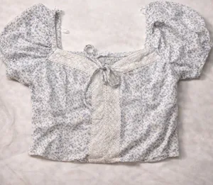 Sienna Sky Blue Floral Smocked Crop Top - Lace Trim & Puff Sleeves thumbnail 1