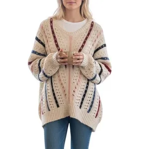 Vestique Sweater Womens Large Cream Multi Stripe Pointelle Knit Oversized Boho‎ thumbnail 2