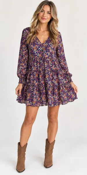 Time and Tru Floral Tiered Dress Women’s L 12-14 Long Sleeve Navy Boho thumbnail 1