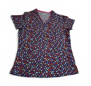 Happy Scrubs Smiley Print V-Neck Top - Navy/Purple/Pink M thumbnail 1