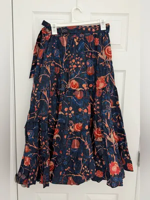 Ulla Johnson Sigrid Tiered Floral Midi Skirt Cotton Women’s 6 Navy thumbnail 4