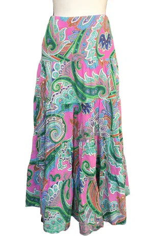 Ralph Lauren Pink Green Paisley Tiered Skirt Boho Midi Bright M thumbnail 1