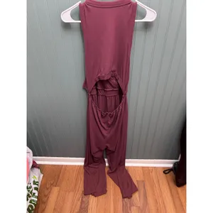 Latched Mama Nursing Jumpsuit Plum Burgundy Ribbed Sleeveless Wide Leg Small thumbnail 4