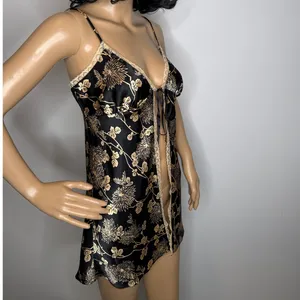 Victoria’s Secret Black Gold Floral Satin Open-Front lace trimTop Slip dress Sp thumbnail 9