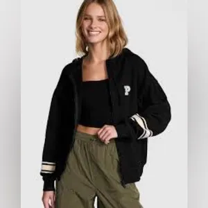 Victoria's Secret Pink Ivy Fleece Campus Black Full-Zip Hoodie Sweatshirt Medium thumbnail 2