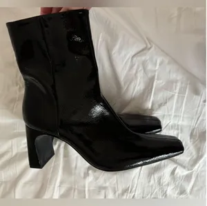 Black Patent Glossy Shine Leather Ankle Boots Block Heel Square Toe thumbnail 10