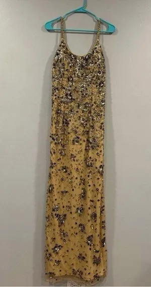 Mac Duggal 5477 Beige Gold Floral Embellished Scoop Neck Evening Gown Sz 10 thumbnail 3