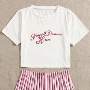 SHEIN Slogan And Stripe Print Pajama Set thumbnail 7