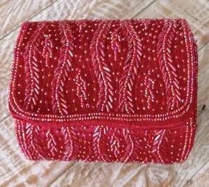 🪩 Handmade Bali Indonesia Red Hand Beaded Cylindrical Clutch Purse 🪩 thumbnail 1