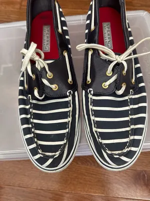 Sperry Black & White Striped Canvas Boat Shoes with Red Insole thumbnail 5