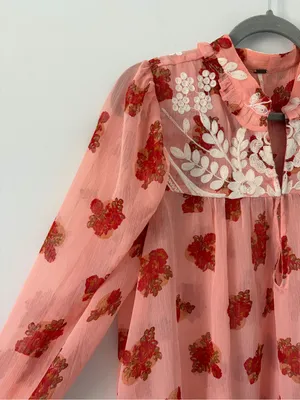 Free People Pink Red Patricia Floral Embroidered Sheer Long Sleeve Boho Blouse M thumbnail 2