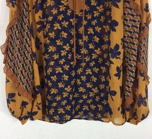Cabi Harmony Gold Navy Ruffle Floral Peasant Semi Sheer Blouse Top XS thumbnail 9