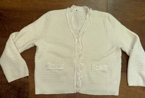 Knit Waffle Crop Cardigan Sweater Button Fringe/Ruffle S thumbnail 1