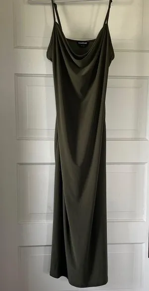 Bebe cowl neck spaghetti maxi strap dress in olive green size L thumbnail 2