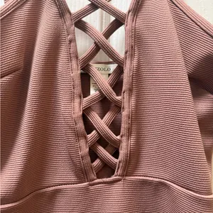 Bozzolo Ribbed Bodycon Mini‎ Dress - Mauve Criss-Cross Front (Small) thumbnail 2