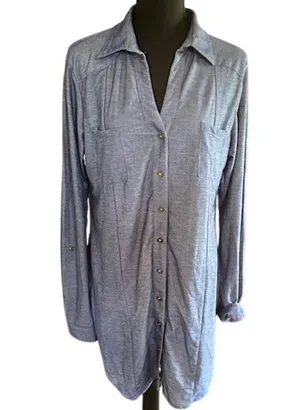 Passport Blue Button Down Tunic Shirt XL Long Sleeve Lightweight Rayon Blend thumbnail 2